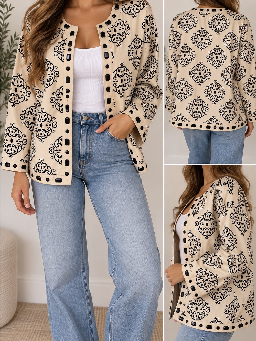 Carole Little Women 2X Cream Black Embellished Art To Wear Statement Jacket